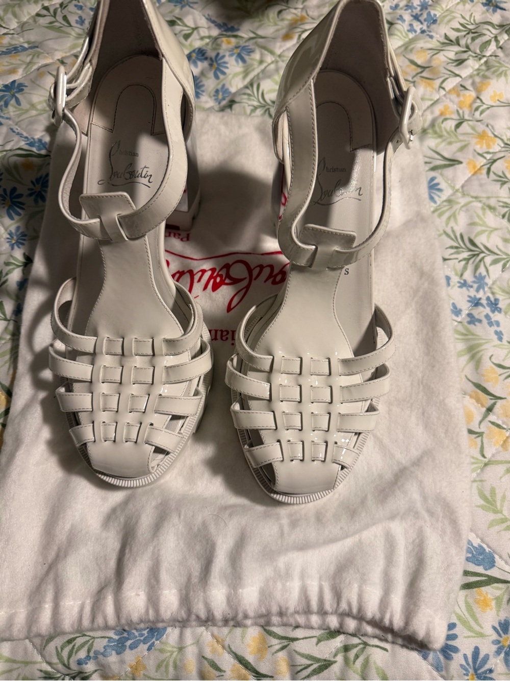 Christian Louboutin White Woven Leather Ankle-Strap Heels